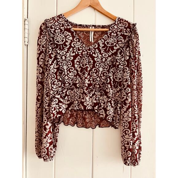 By Anthropologie Jacquard Peasant Blouse Women's Blouse Wine M Ruffle Peplum - Picture 7 of 8